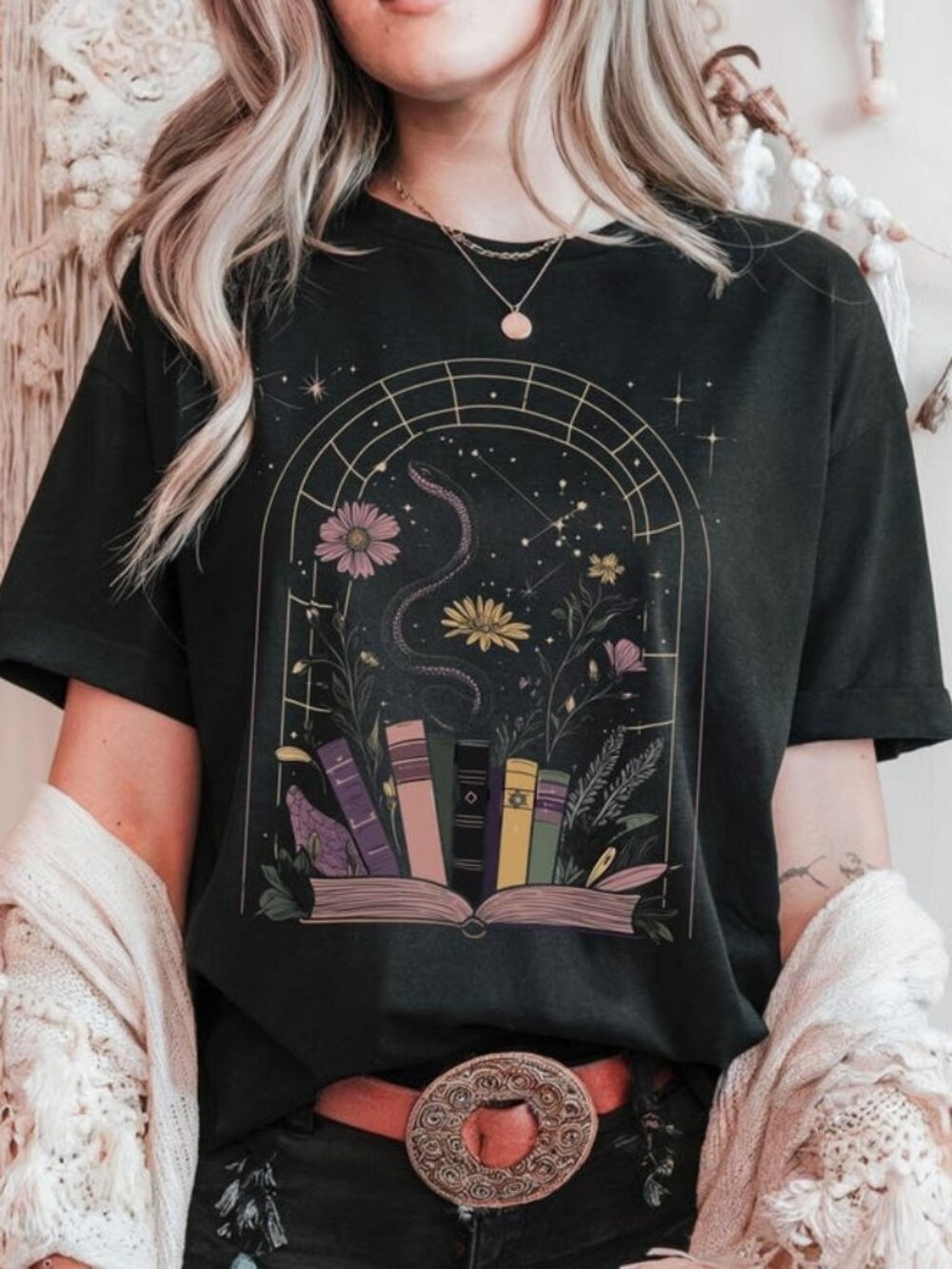Witchy Snake Booklover Graphic Tee, Gothic Cottagecore Moon Shirt